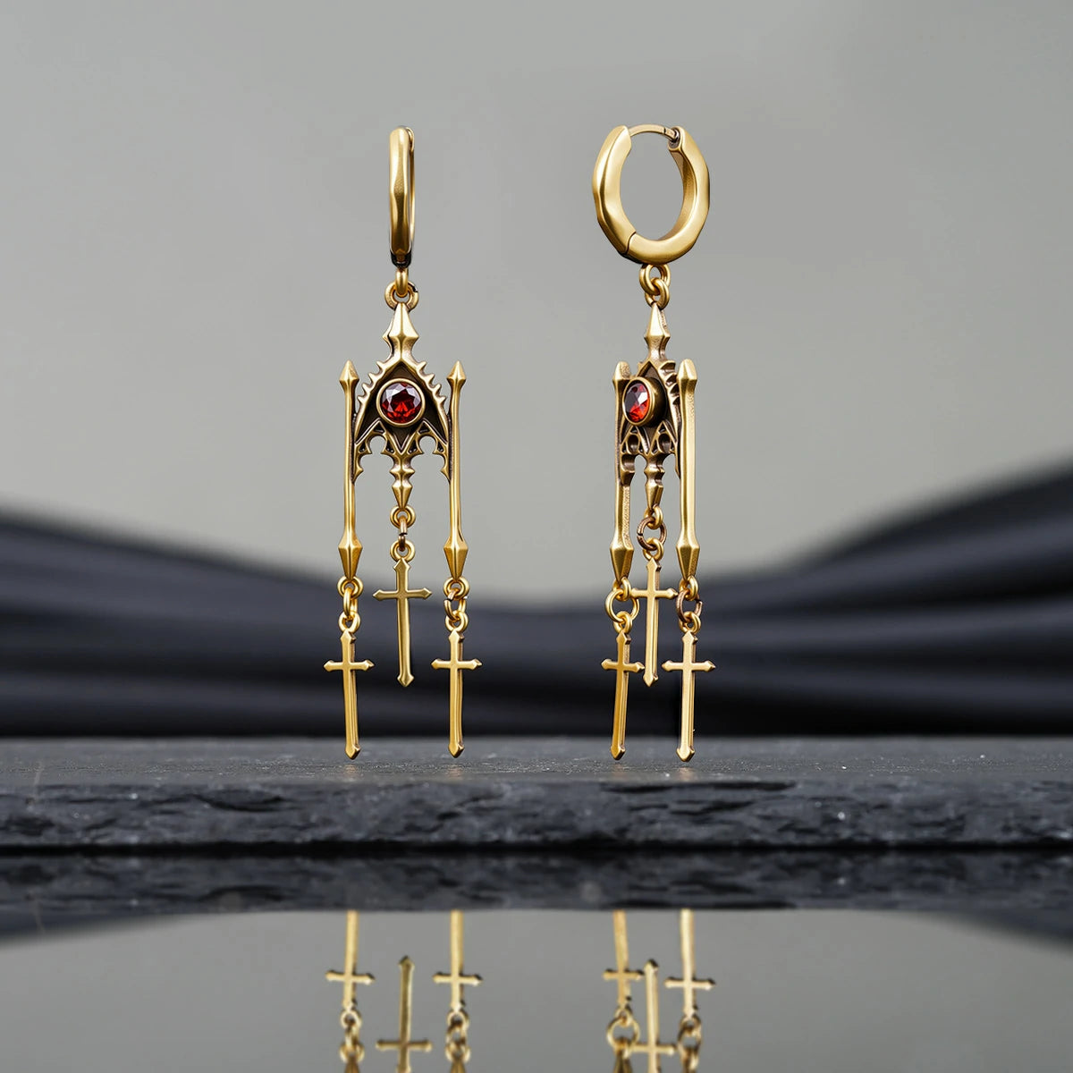 Punkyouth Crimson altar earrings featuring red cubic zirconia and three dangling cross pendants, product image 14