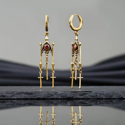 Punkyouth Crimson altar earrings featuring red cubic zirconia and three dangling cross pendants, product image 14