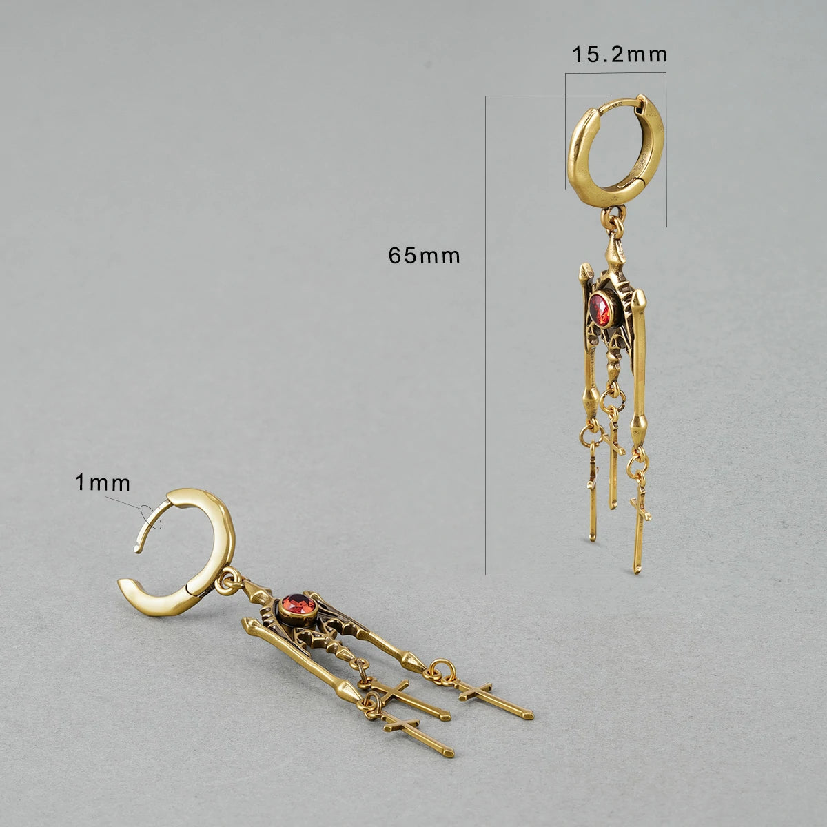 Punkyouth Crimson altar earrings featuring red cubic zirconia and three dangling cross pendants, product image 15