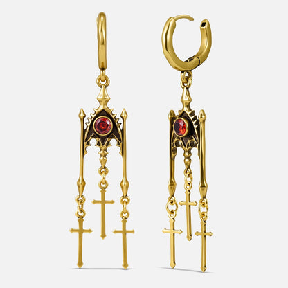 Punkyouth Crimson altar earrings in gold, featuring red cubic zirconia and three dangling cross pendants