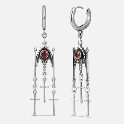 Punkyouth Crimson altar earrings in silver, featuring red cubic zirconia and three dangling cross pendants