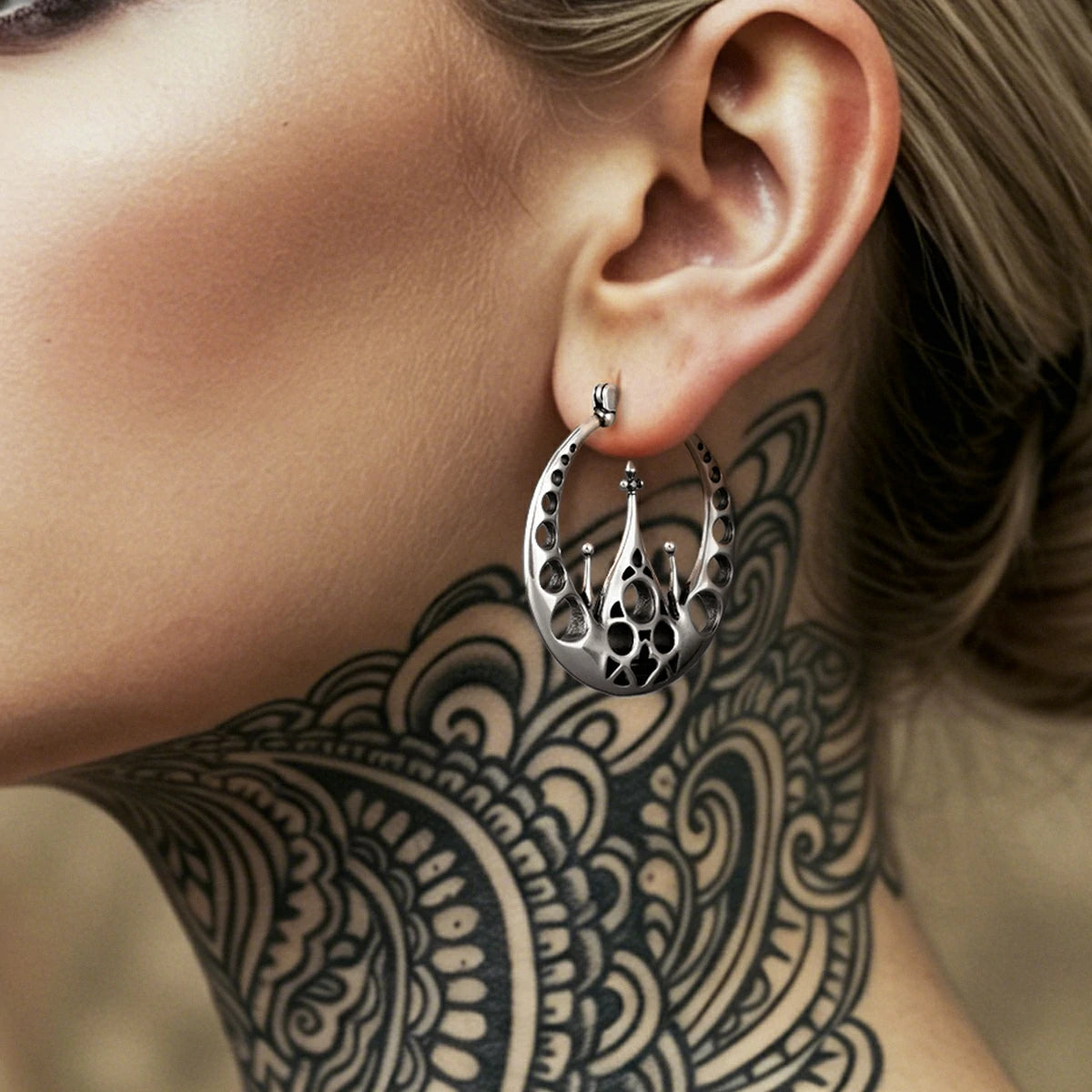Punkyouth Gothic halo earrings featuring openwork circular hoops and cathedral-inspired spires, product image 02