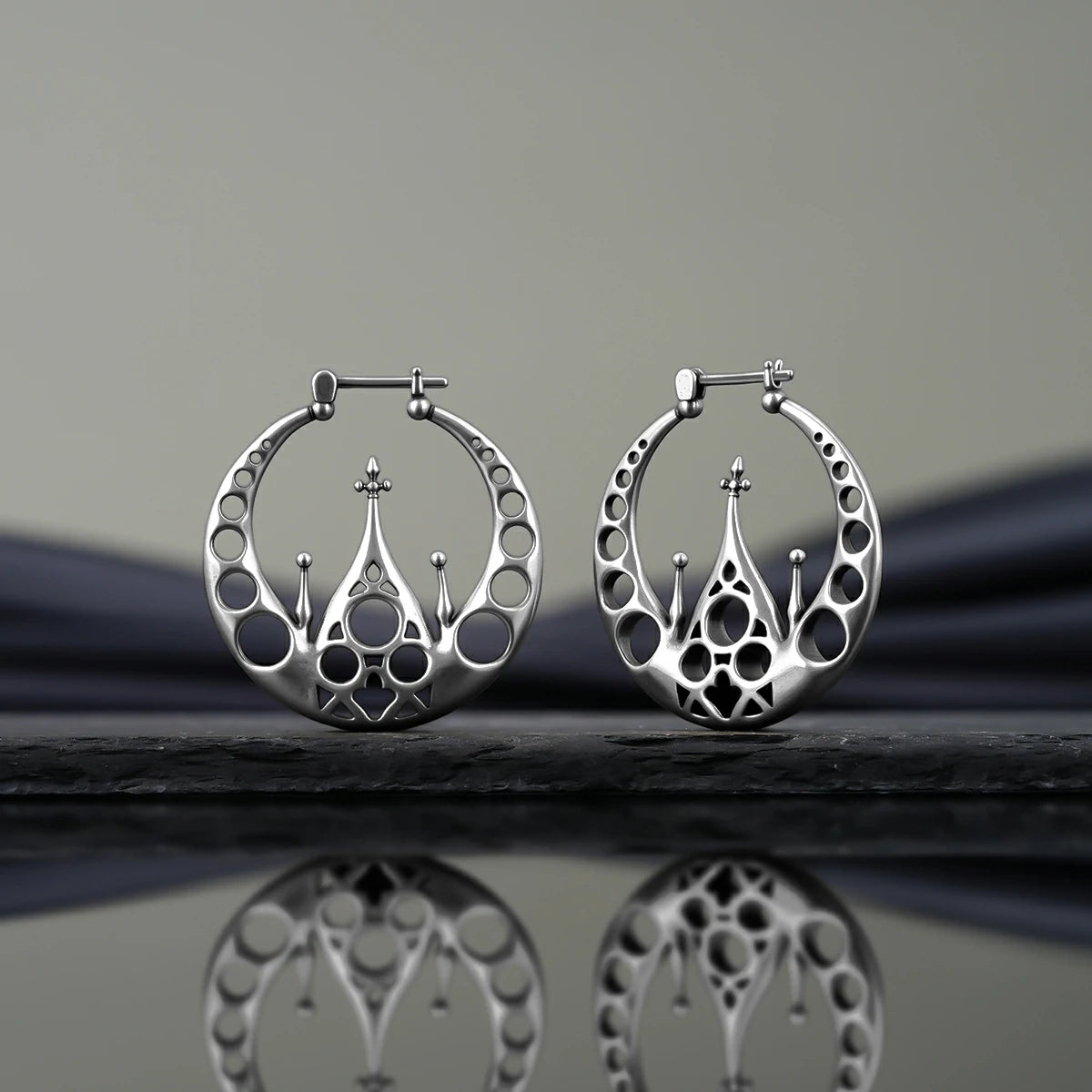 Punkyouth Gothic halo earrings featuring openwork circular hoops and cathedral-inspired spires, product image 09