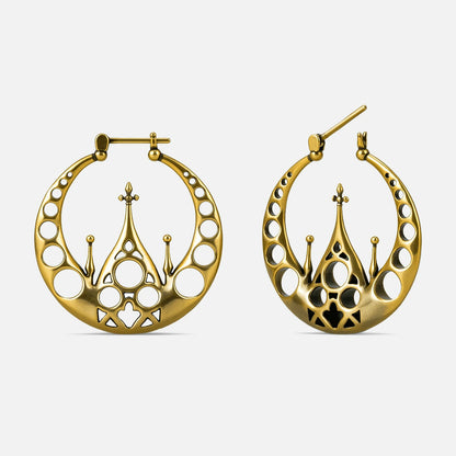 Punkyouth Gothic halo earrings in gold, featuring openwork circular hoops and cathedral-inspired spires