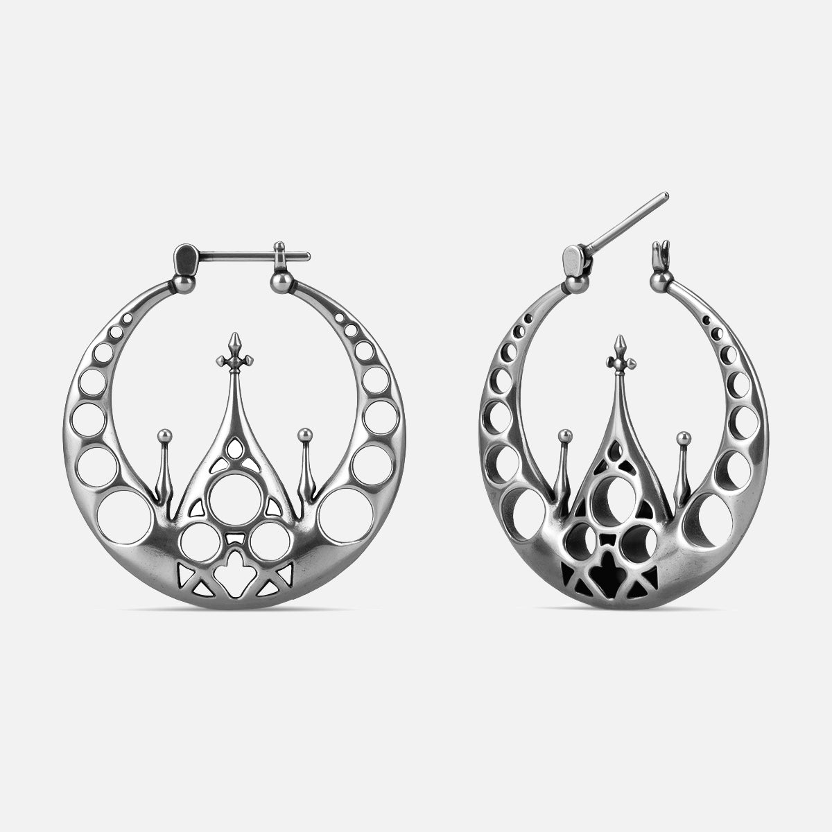 Punkyouth Gothic halo earrings in silver, featuring openwork circular hoops and cathedral-inspired spires