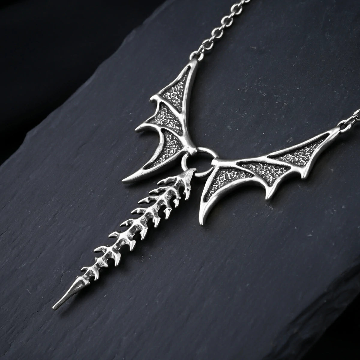 Punkyouth Nocturnal spine necklace featuring sculpted bat wings and vertebra-inspired drop pendant, product image 04