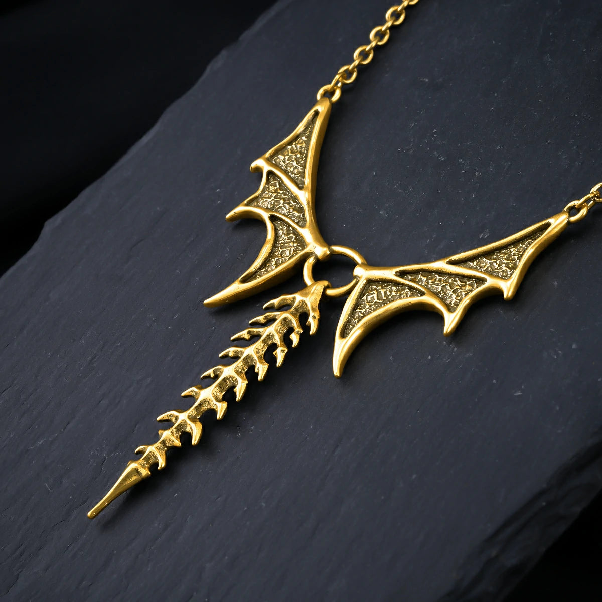 Punkyouth Nocturnal spine necklace featuring sculpted bat wings and vertebra-inspired drop pendant, product image 05