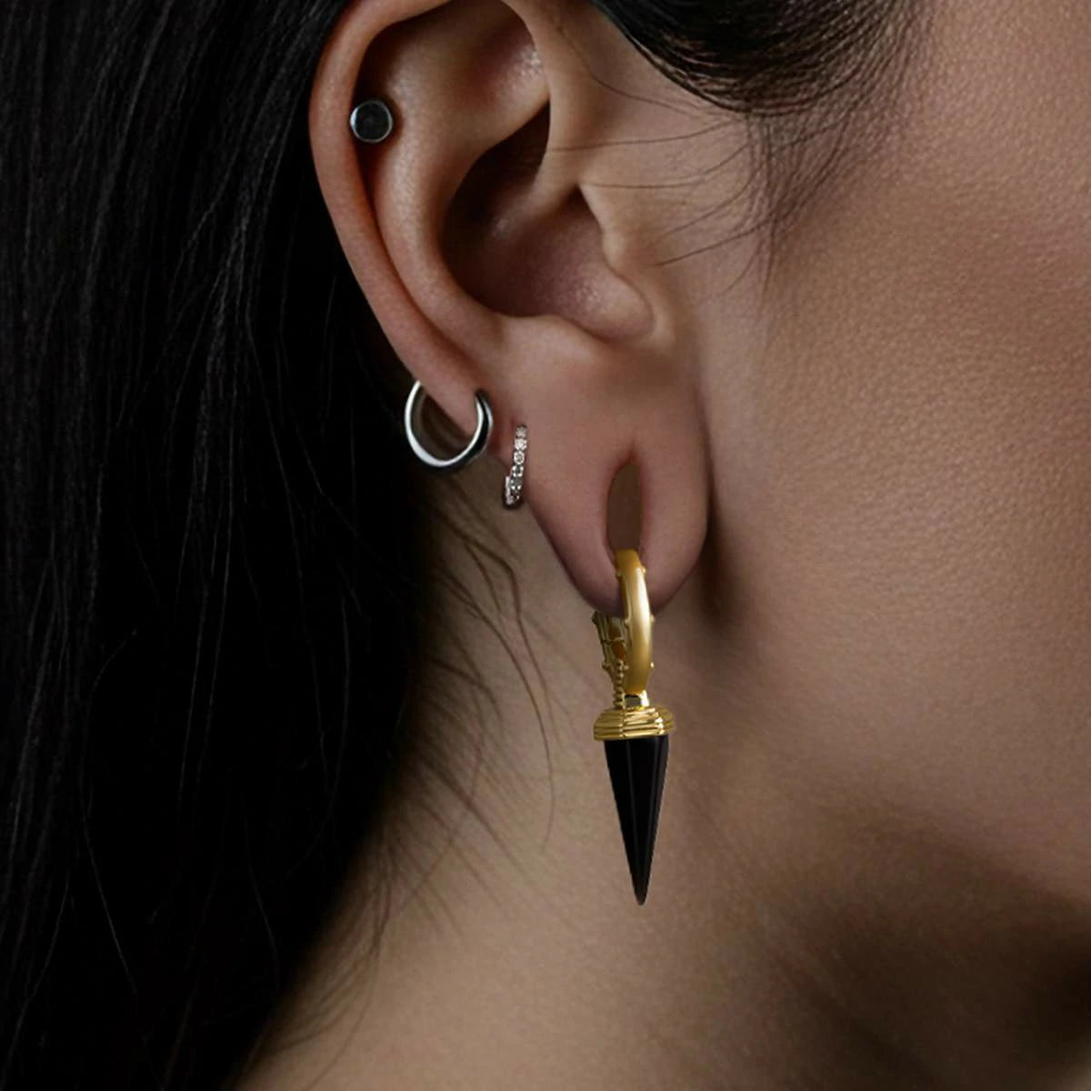 Punkyouth Ritual fang earrings featuring studded hoops and pointed fang pendants, product image 07