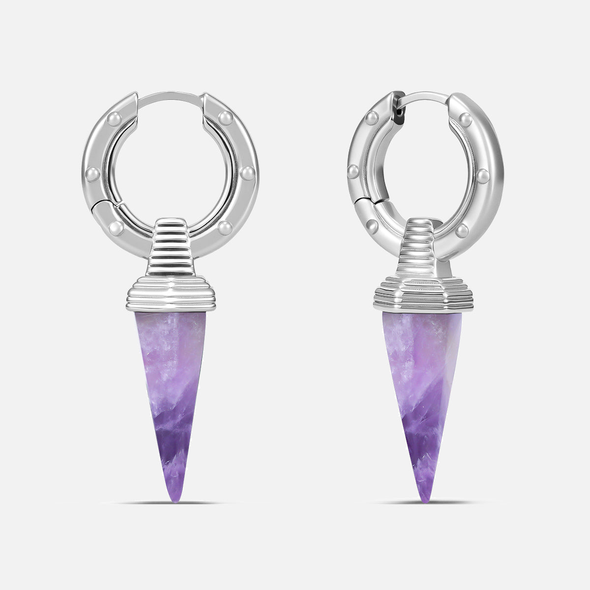 Punkyouth Ritual fang earrings in silver, featuring studded hoops and pointed fang pendants