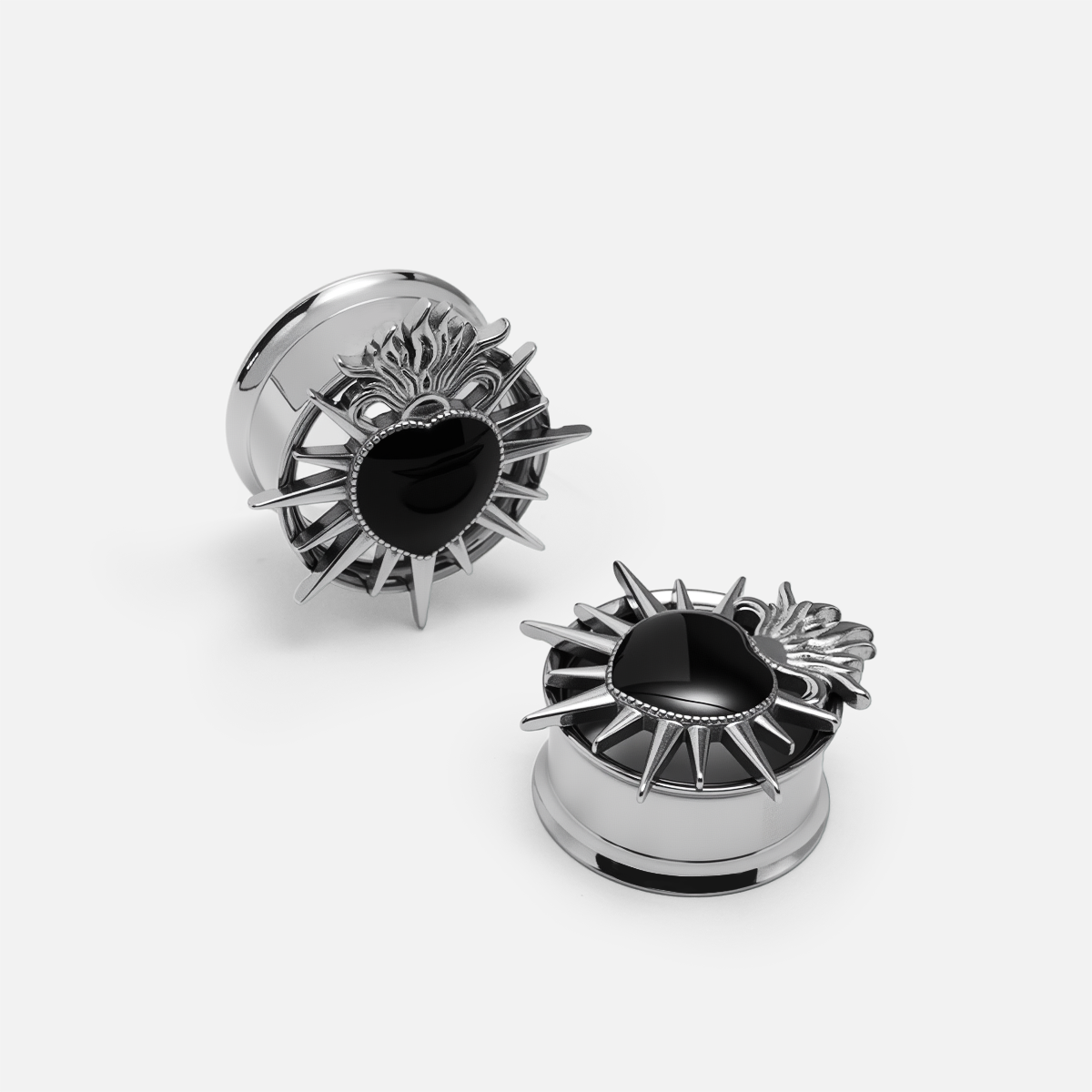 Silver sacred flame heart tunnels with symmetrical gothic detailing – PUNKYOUTH