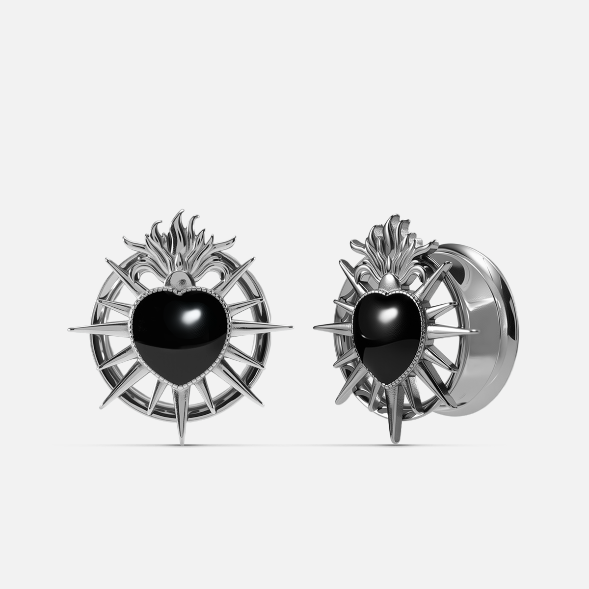 Silver sacred flame heart tunnels in 316L stainless steel, front view – PUNKYOUTH