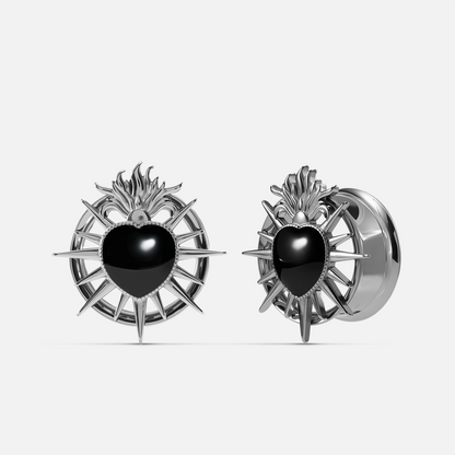 Silver sacred flame heart tunnels in 316L stainless steel, front view – PUNKYOUTH