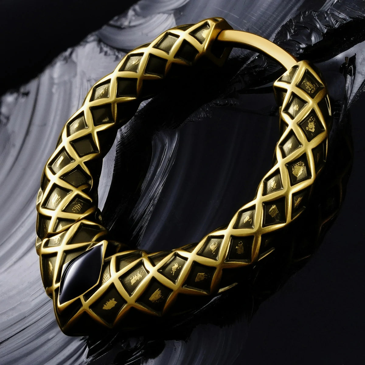Punkyouth Serpent scale earrings featuring scale-textured hoops and black resin accents, product image 08