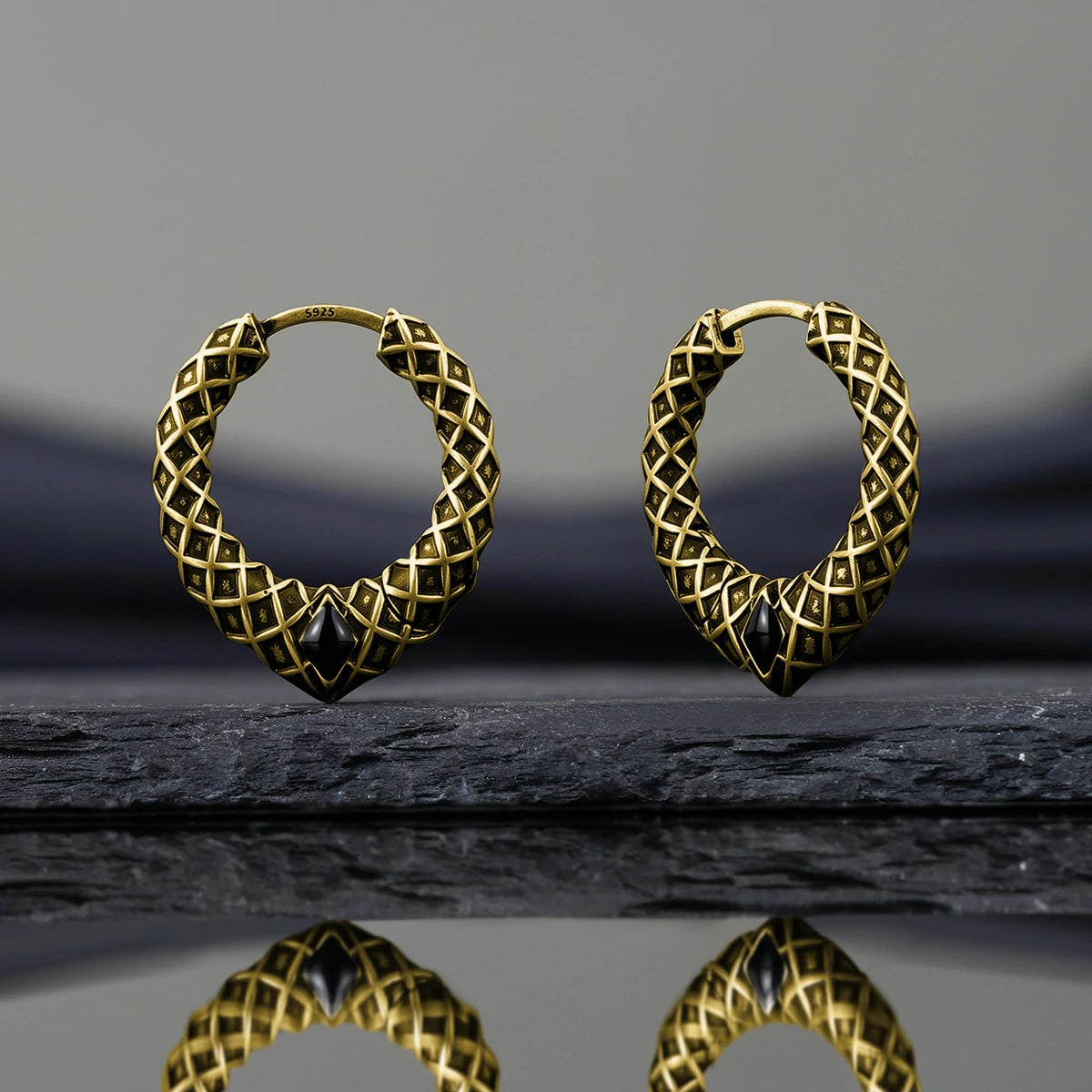 Punkyouth Serpent scale earrings featuring scale-textured hoops and black resin accents, product image 13