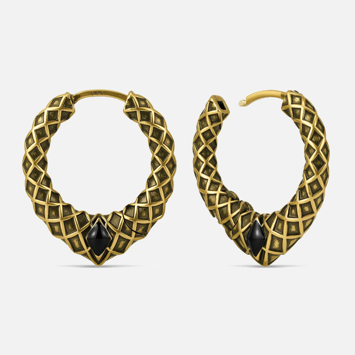 Punkyouth Serpent scale earrings in gold, featuring scale-textured hoops and black resin accents