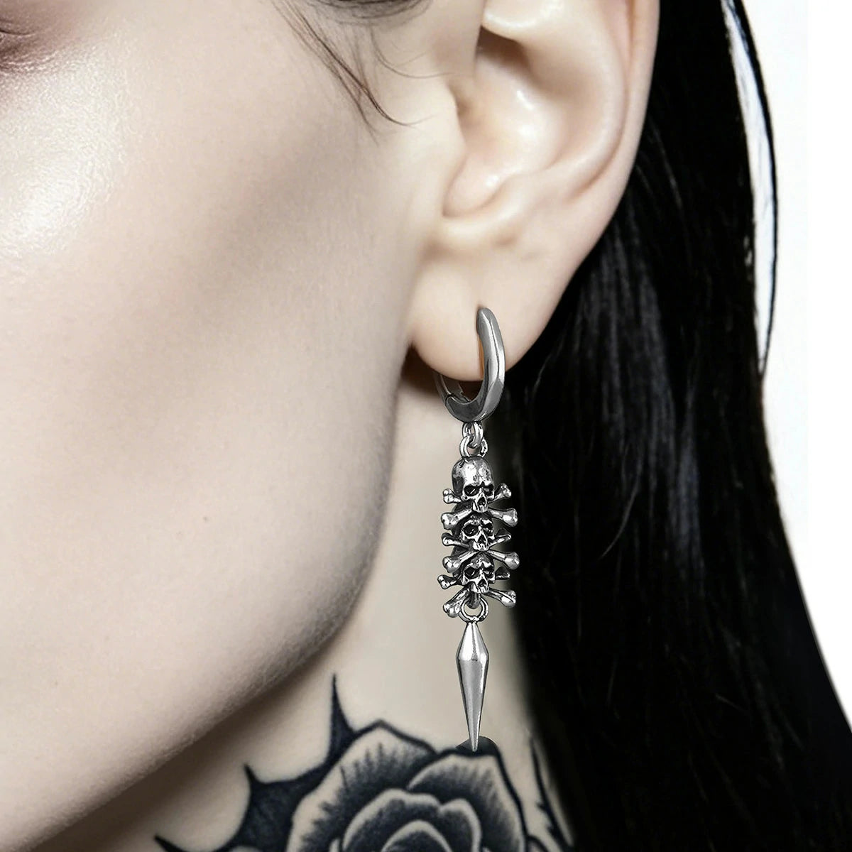 Punkyouth Skull relic earrings featuring skull-and-crossbones charms and long pointed drops, product image 02