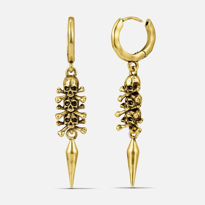 Punkyouth Skull relic earrings in gold, featuring skull-and-crossbones charms and long pointed drops