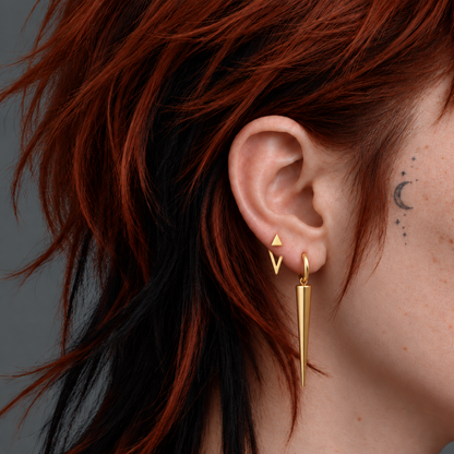 PUNKYOUTH Delta and spire ear stack: Delta Ear Jacket Stud + Aurum Long Spire Hoop Earrings. Each jewellery design is sold separately.