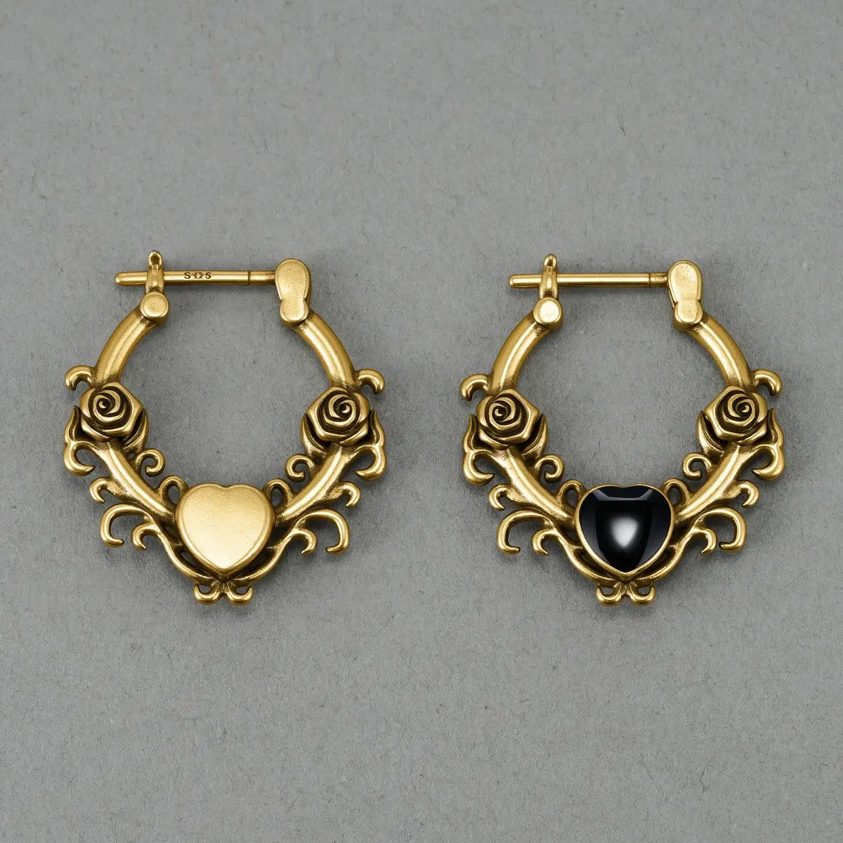 Punkyouth Thornheart earrings featuring sculpted roses and black heart-shaped resin centers, product image 12
