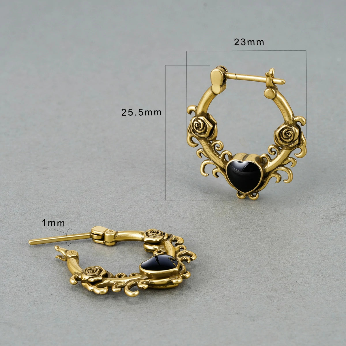Punkyouth Thornheart earrings featuring sculpted roses and black heart-shaped resin centers, product image 15