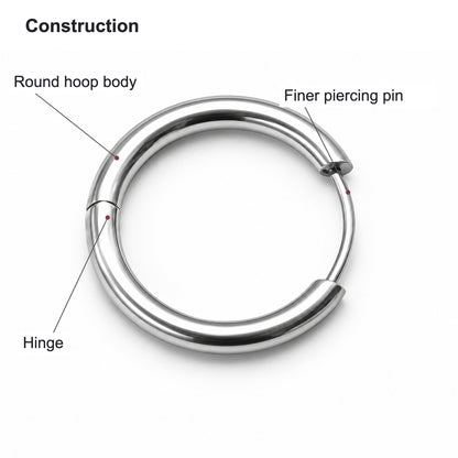 Core Titanium Hinged Hoop with labels identifying its visible front, post or pin, and back or hinge.