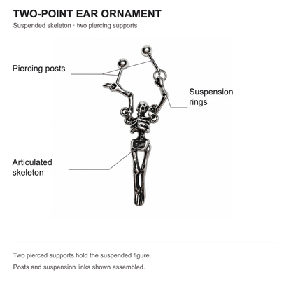 Two-point skeleton ear ornament structure showing the two posts, suspension rings and articulated body.