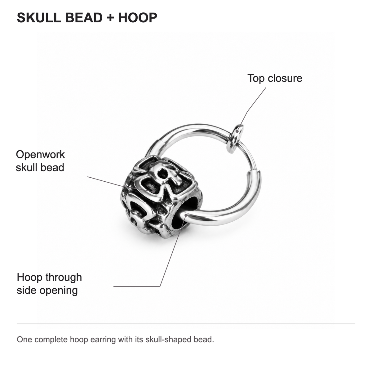 Skull bead hoop structure: top closure, openwork skull bead and hoop through the bead side opening.