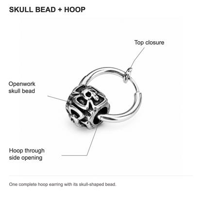Skull bead hoop structure: top closure, openwork skull bead and hoop through the bead side opening.