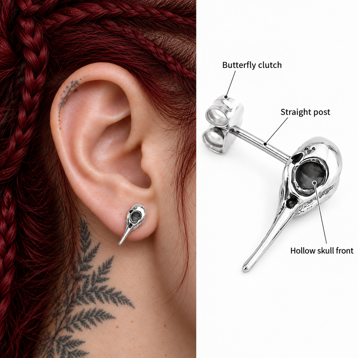 Carrion Bird Skull Ear Stud worn alone on model F04; visible construction: Hollow skull front, Straight post, Butterfly clutch.