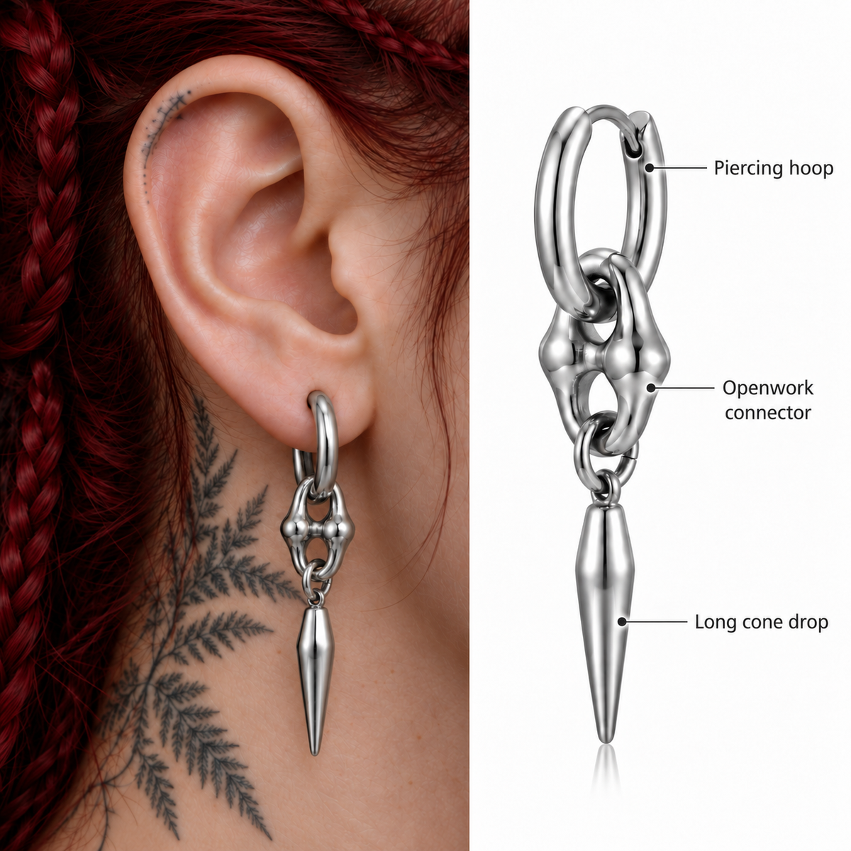 Ossuary Spike Hoop Earring worn alone on model F04; visible construction: Piercing hoop, Openwork connector, Long cone drop.