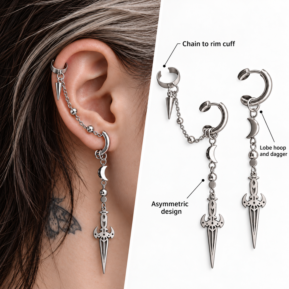 Moonblade Chain Earring worn alone on model A02; visible construction: Lobe hoop and dagger, Chain to rim cuff, Asymmetric design.