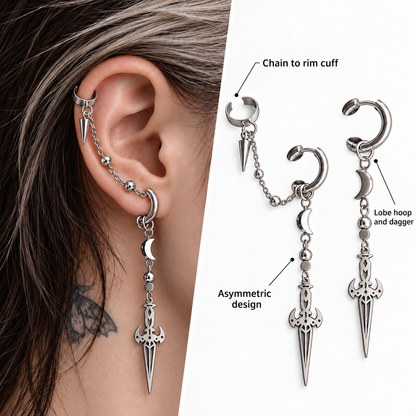 Moonblade Chain Earring worn alone on model A02; visible construction: Lobe hoop and dagger, Chain to rim cuff, Asymmetric design.