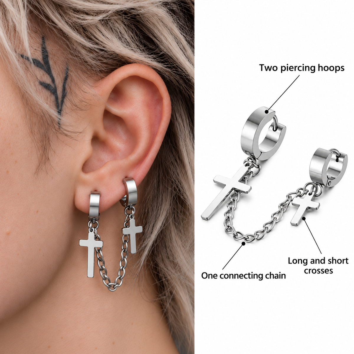 Linked Cross Double Hoop Earring worn alone on model A01; visible construction: Two piercing hoops, Long and short crosses, One connecting chain.