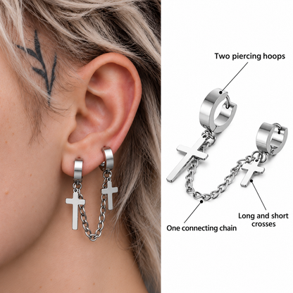 Linked Cross Double Hoop Earring worn alone on model A01; visible construction: Two piercing hoops, Long and short crosses, One connecting chain.