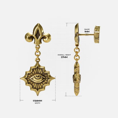Size guide for the gold-tone Radiant Witness Drop Earrings showing the full length, front dimensions, and side profile.