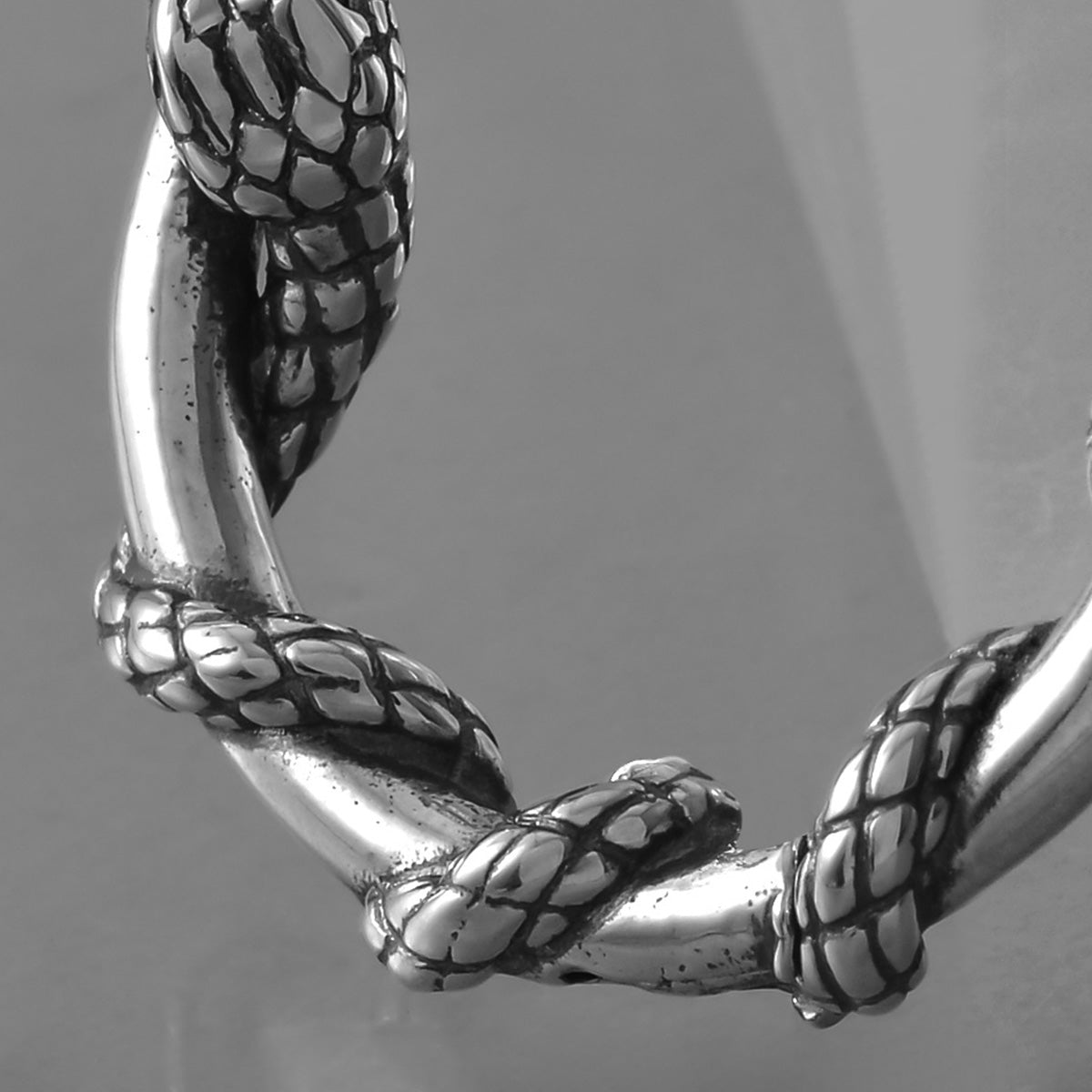 Close-up of silver Rebirth Cycle hoop earring with twisting serpent details