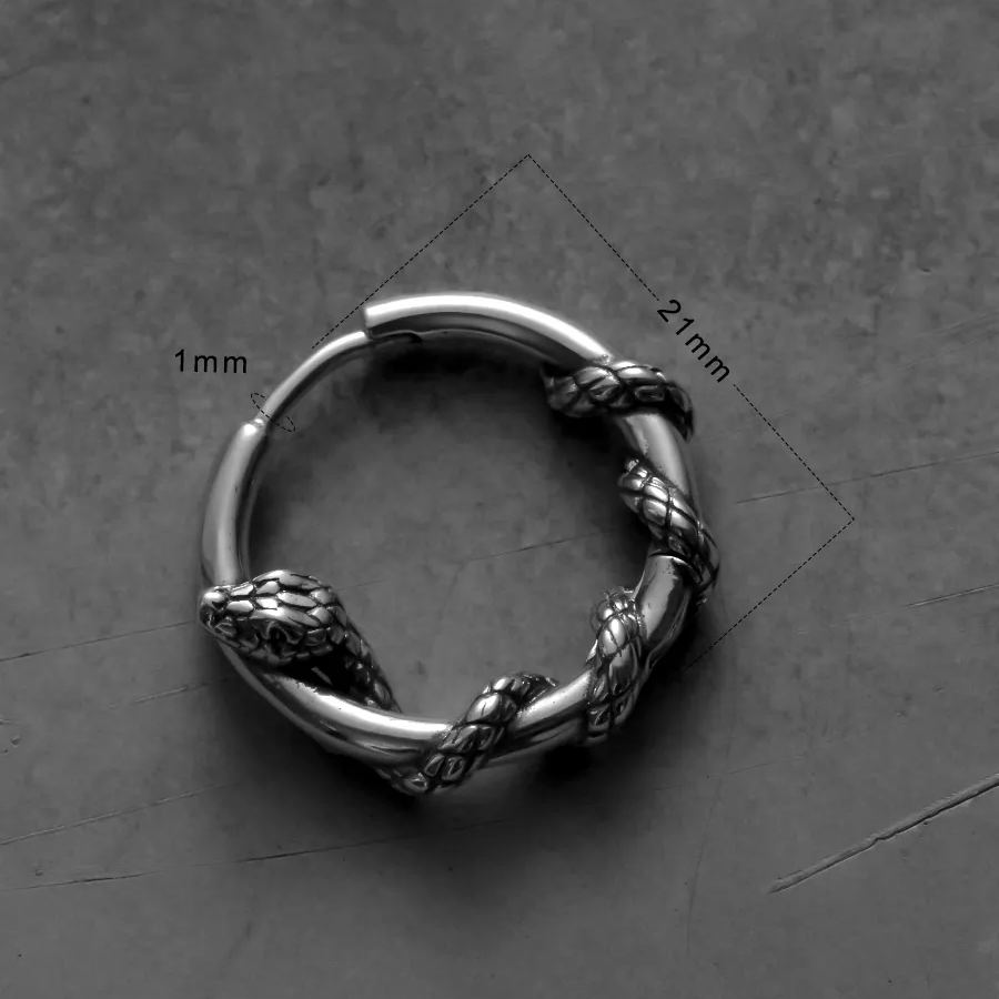 Silver Rebirth Cycle hoop earring with coiled serpent texture and dimensions