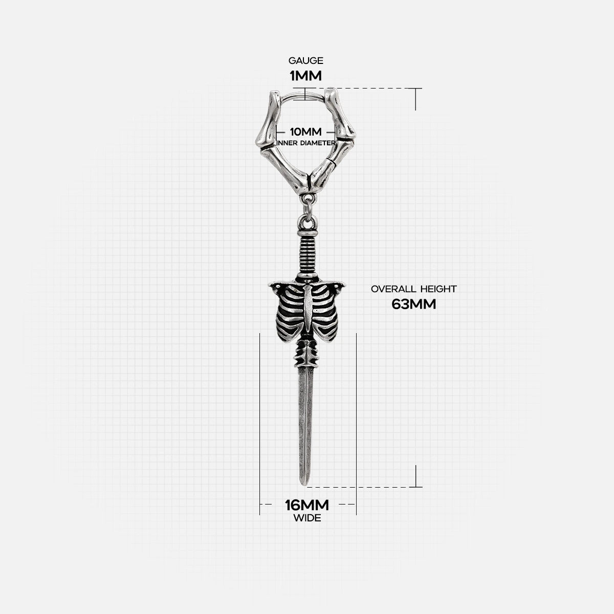 Silver Ribcage Blade earring with skeletal chest and long blade dimensions