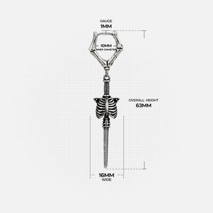 Silver Ribcage Blade earring with skeletal chest and long blade dimensions