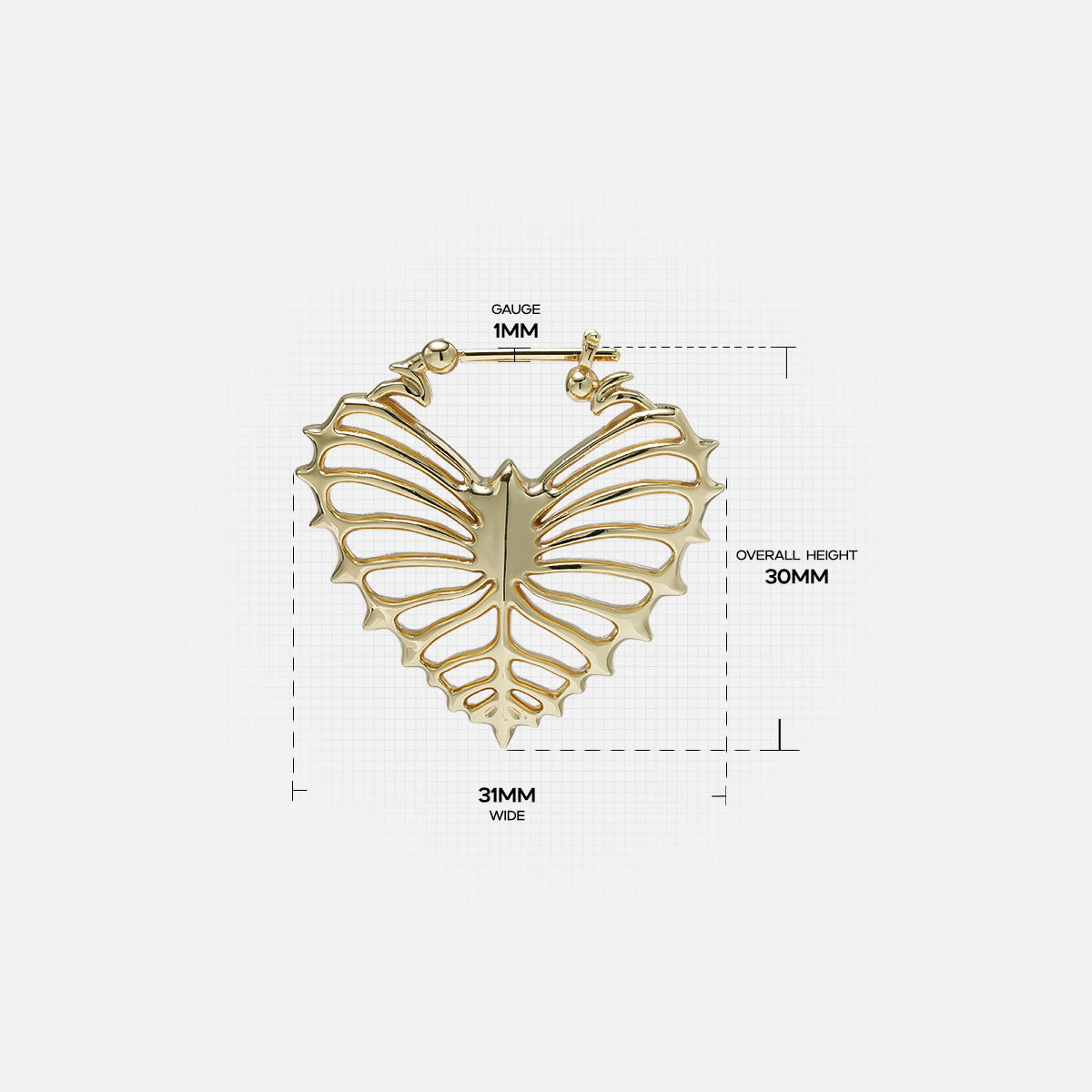 Gold Ribheart earring with heart-shaped rib cage design and dimensions