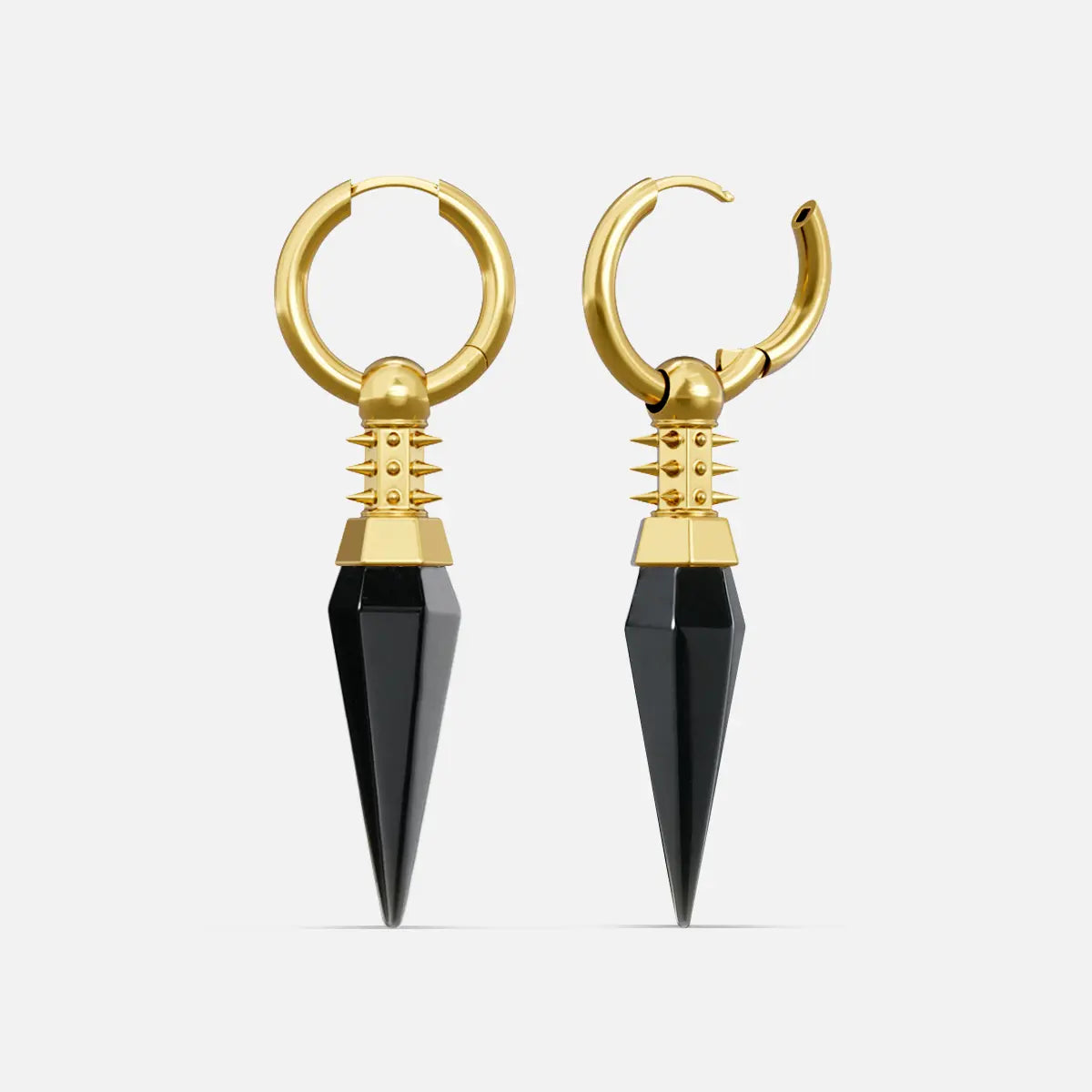 Gold Rivet Prism Earrings with faceted black crystal spikes, studded collars, polished hoops, and sharp geometric silhouette on a clean background.