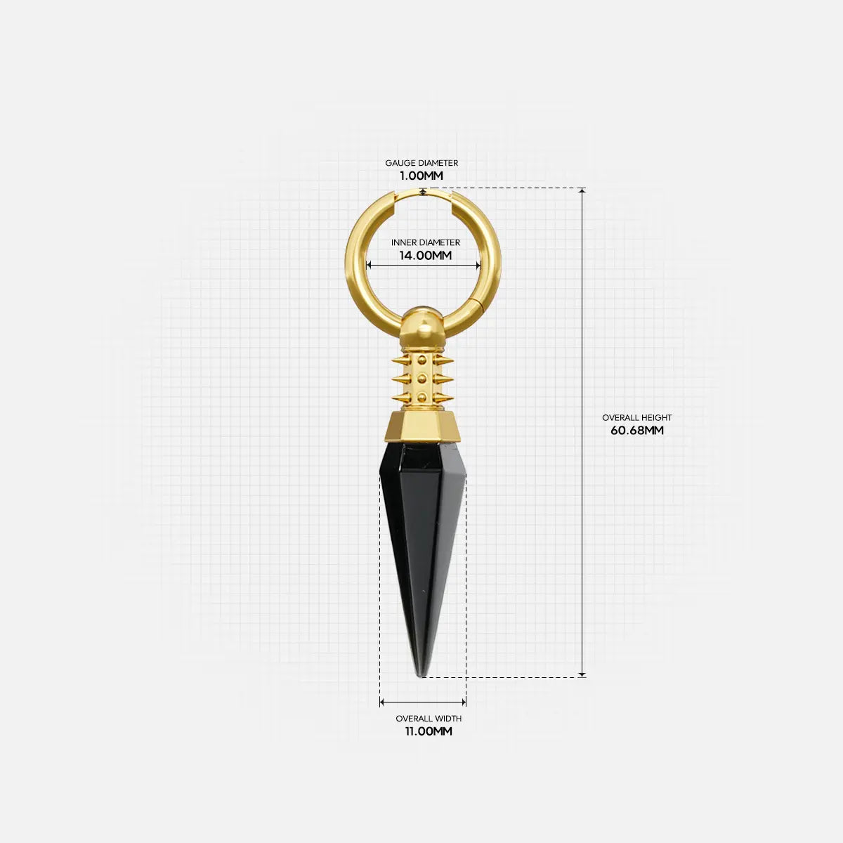 Size guide image for the gold Rivet Prism Earrings, showing the hoop size, studded collar detail, earring length, and faceted crystal spike measurements.