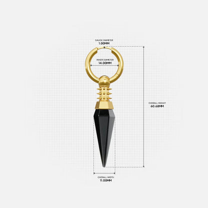 Size guide image for the gold Rivet Prism Earrings, showing the hoop size, studded collar detail, earring length, and faceted crystal spike measurements.