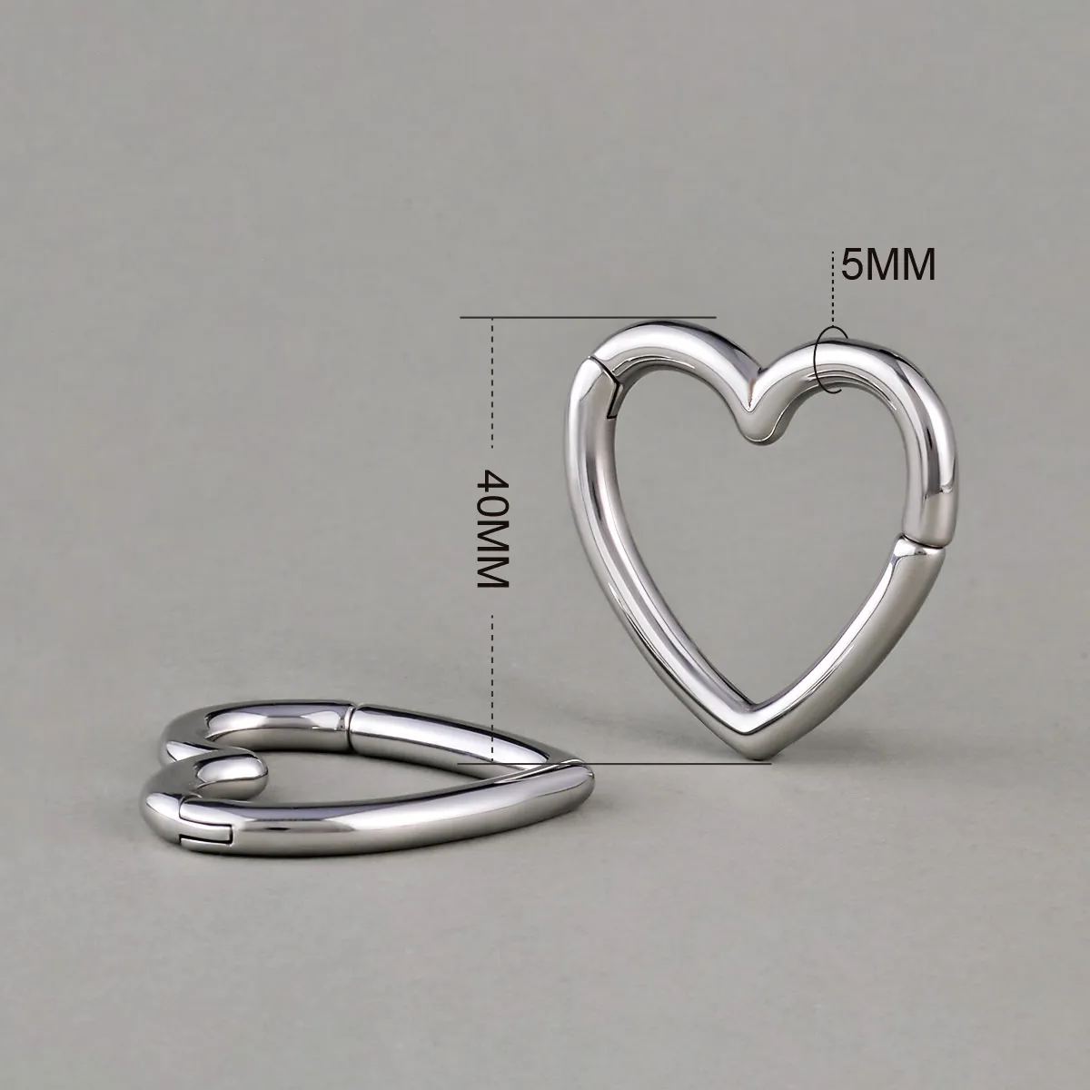 Silver Romantic Heart ear weight shown upright and flat with dimensions