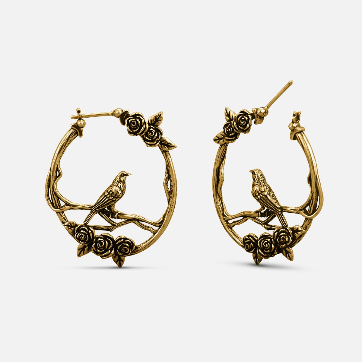 Pair of gold Rosebird hoop earrings with perched birds and rose details