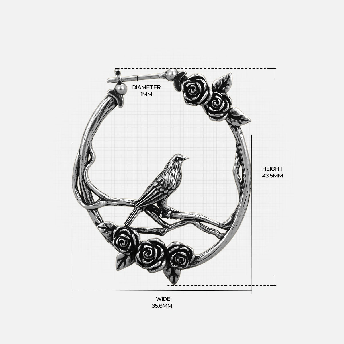 Silver Rosebird hoop earring with bird and rose details and dimensions
