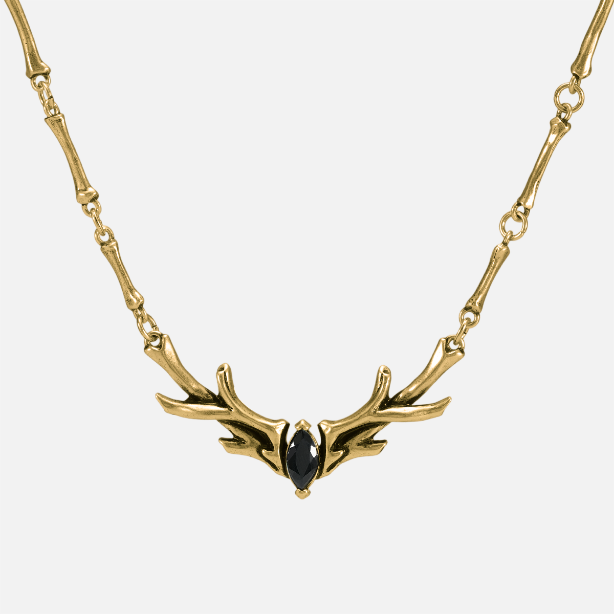 Sacred Antler Collar Necklace in 18K gold plating with obsidian center stone and sculptural antler design