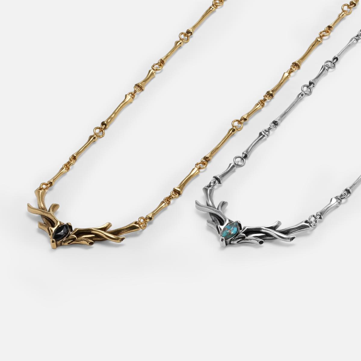 Sacred Antler Collar Necklace shown in silver and 18K gold plating with turquoise and obsidian accents