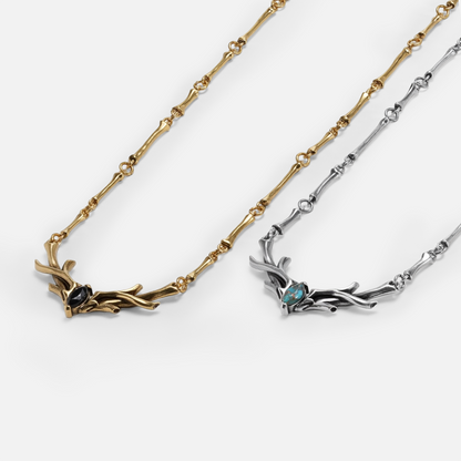 Sacred Antler Collar Necklace shown in silver and 18K gold plating with turquoise and obsidian accents
