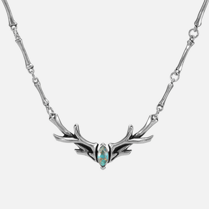 Sacred Antler Collar Necklace in silver plating with turquoise marquise stone and antler-inspired collar design